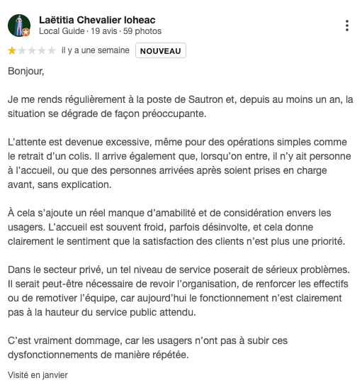 Avis client Laetitia Chevalier - Laposte Sautron