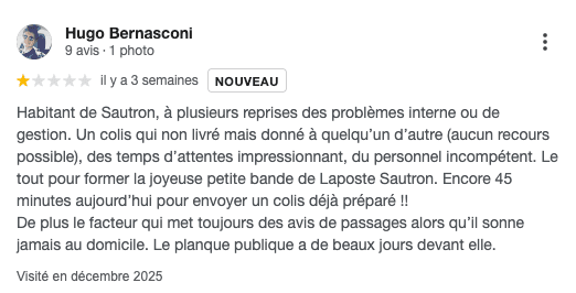 Avis client Hugo Bernasconi - Laposte Sautron