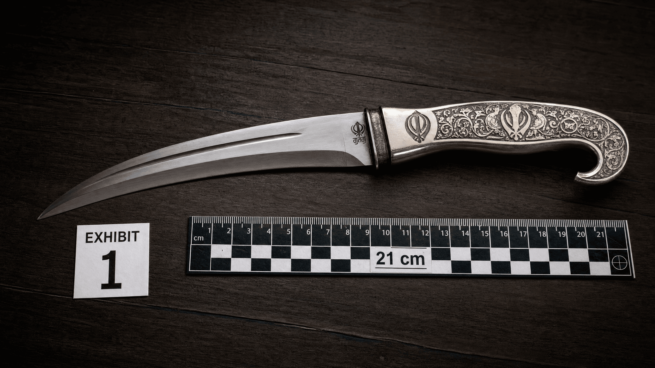 Représentation du couteau kirpan de 21 cm, pièce centrale du procès devant la cour criminelle de Southampton..png